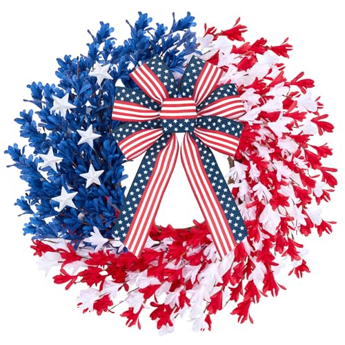 Worthyeah 22 inch Patriotic Wreath 4th of July Wreaths for Front Door Red White Blue Anniversary Independence Day Memorial Day Wreath Indoor Outdoor Decor