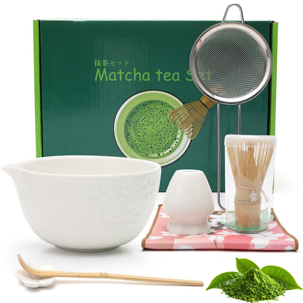 Zestaw premium matcha – 7-częściowy zestaw do herbaty matcha, tradycyjny zestaw do herbaty z bambusową trzepaczką, ceramiczną miską (Chawan), sitkiem i akcesoriami – japoński zestaw do herbaty matcha