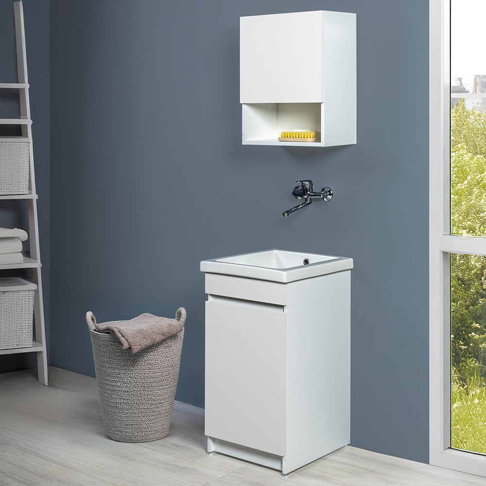 Mobile Lavatoio 45x51 Cm Con Vasca In Ceramica E Strofinatoio, Struttura In Legno Nobilitato Bianco Opaco Con Un’Anta Apribile A Gola, Già Montato Con Kit Di Scarico Incluso