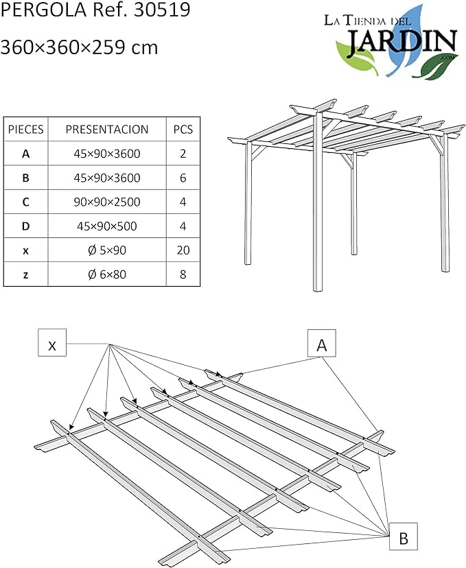 Suinga Pergola drewniana do ogrodu i werandy, wymiary 360 x 360 x 360 cm, zakres dostawy: 4 słupki 9 x 9 x 250 cm, 2 x podkłady 360 cm, 4 listwy 360 cm i 4 x kątownik