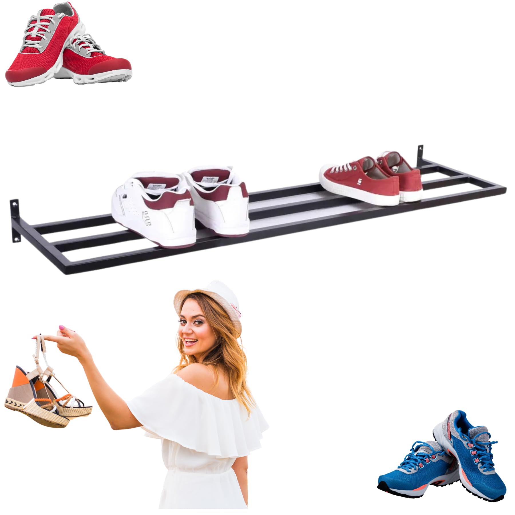 Schuhregal mit 1 Ebenen, Wandmontage, Hängende, Schuh-Organizer, Schuh Wandregal, Schuhablage, für Flur, aus pulverbeschichtetem Stahl, Breite 118 cm Tiefe 33 cm, praktisch und solide verarbeitet