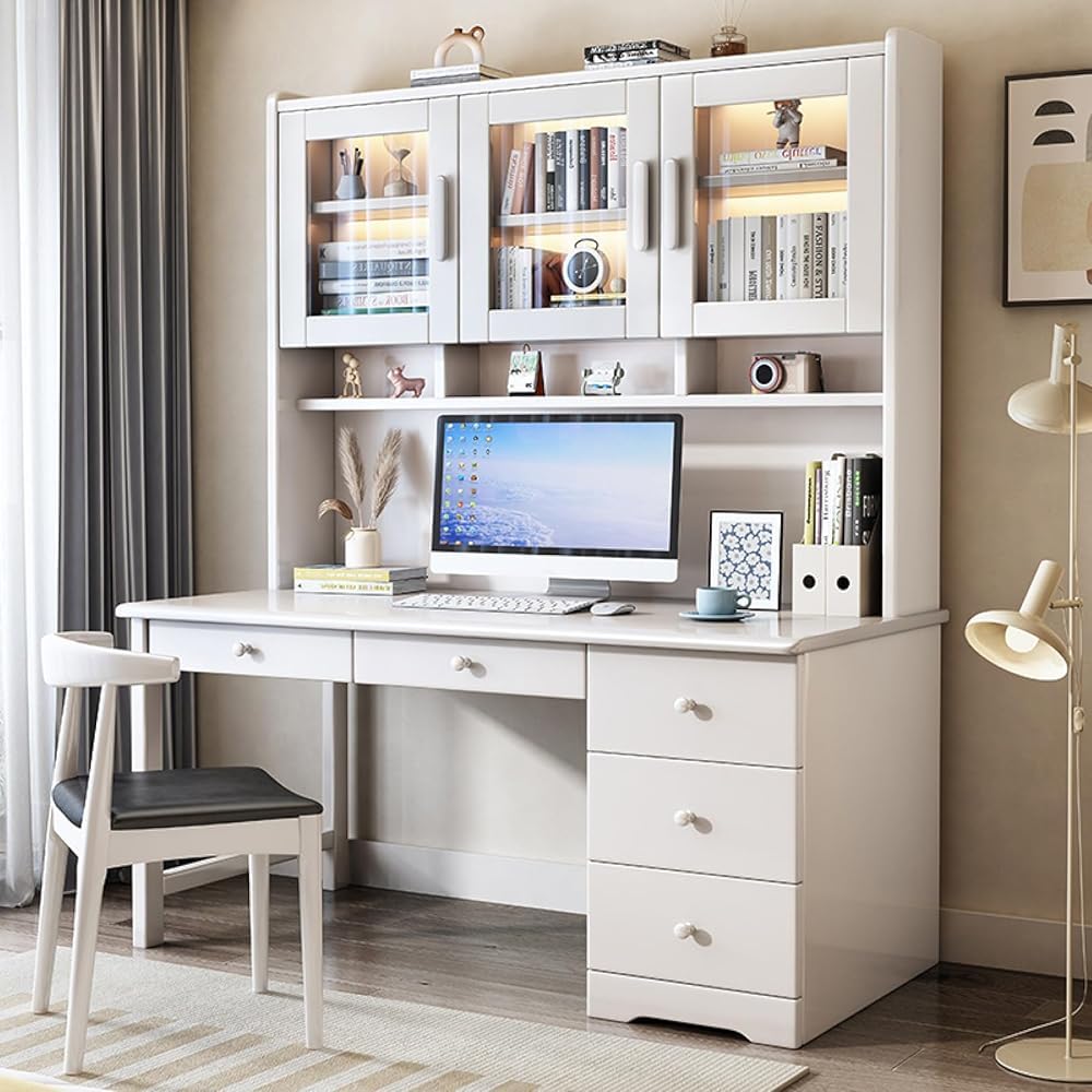 Wdsopk White Modern Home Office Desk With Hutch, Study Table Workstation With Drawers & Glass Door, Perfect For Small Spaces, Ideal Study Writing Desk（-120 * 60 * 186Cm）