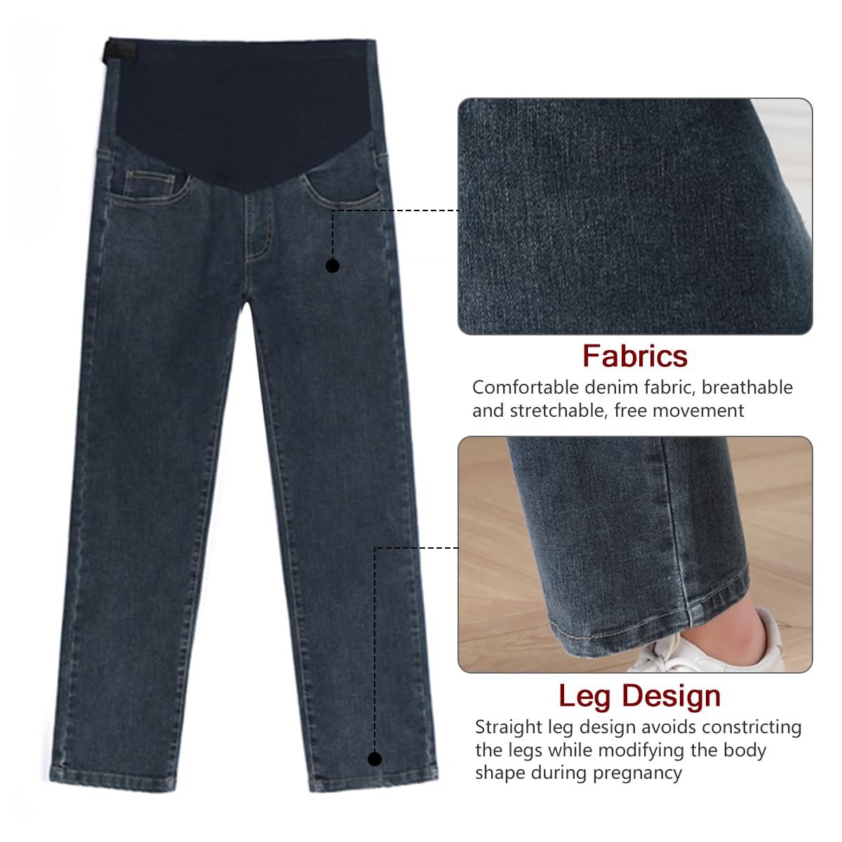 Jeans de Grossesse Femme Jambe Droite Coupe décontractée Jeans de Maternité Pantalon de Grossesse en Denim à Jambes Larges Pantalon Jean avec Poches pour Femmes Enceintes