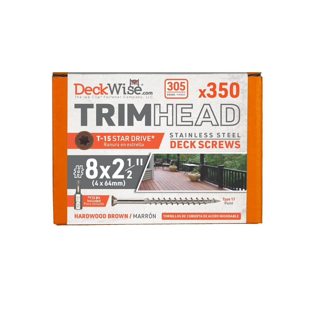 DeckWise #8x2-1/2 Stainless Steel Trim-Head Deck Screws, Hardwood Brown, T15 Head, Covers 50 Sq. Ft. of Decking (350 Pack)