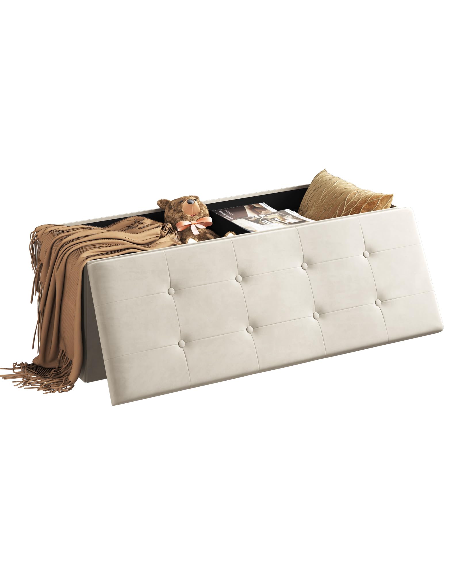 WOLTU Sitzbank mit Stauraum 110 cm, Truhe mit Stauraum 118 L faltbar, Sitztruhe Sitzbox Aufbewahrungsbox klappbar, Bettbank Schlafzimmer, belastbar bis 300 kg, aus Samt, Cremeweiß