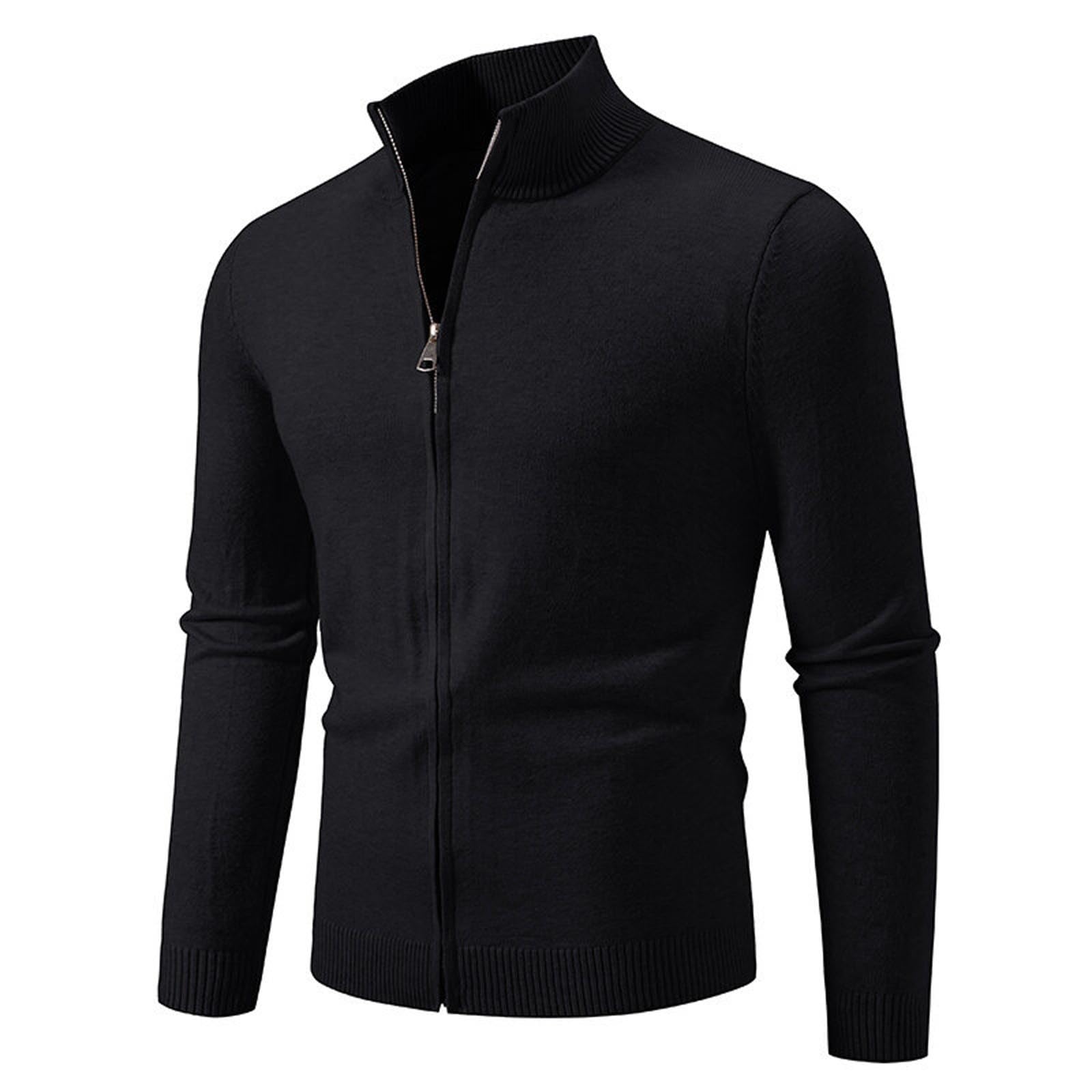 Mens Zip Up Cardigans with Pockets, Knitted Jumpers for Men Stand Collar Cardigan Lightweight Sweater Plain Slim Fit Jackets Tops Long Sleeve Coats Knitwear Solid Color Outerwear M-3XL