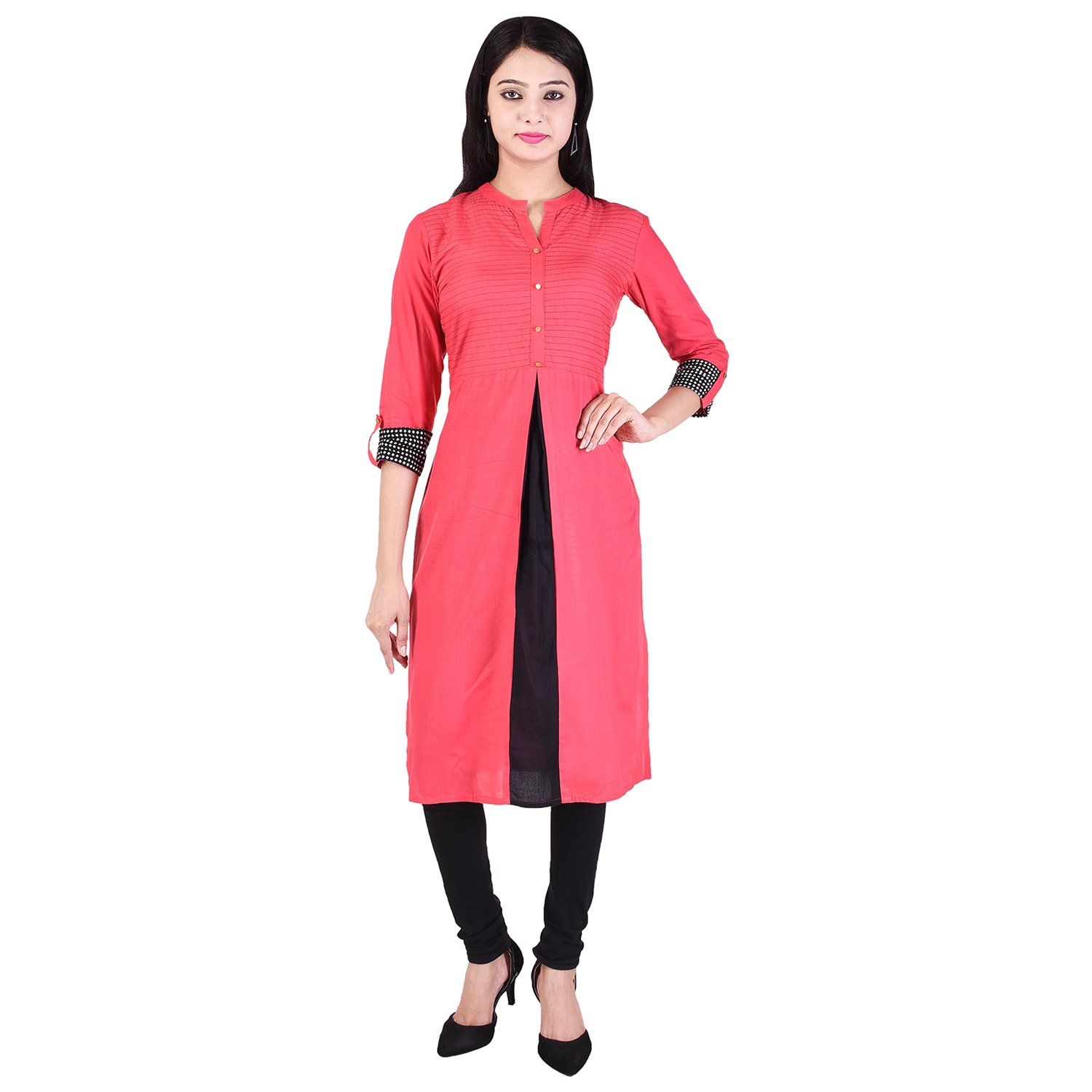CALLA Women's Cotton Straight Solid 3/4 Sleeves V Neck Casual Kurti