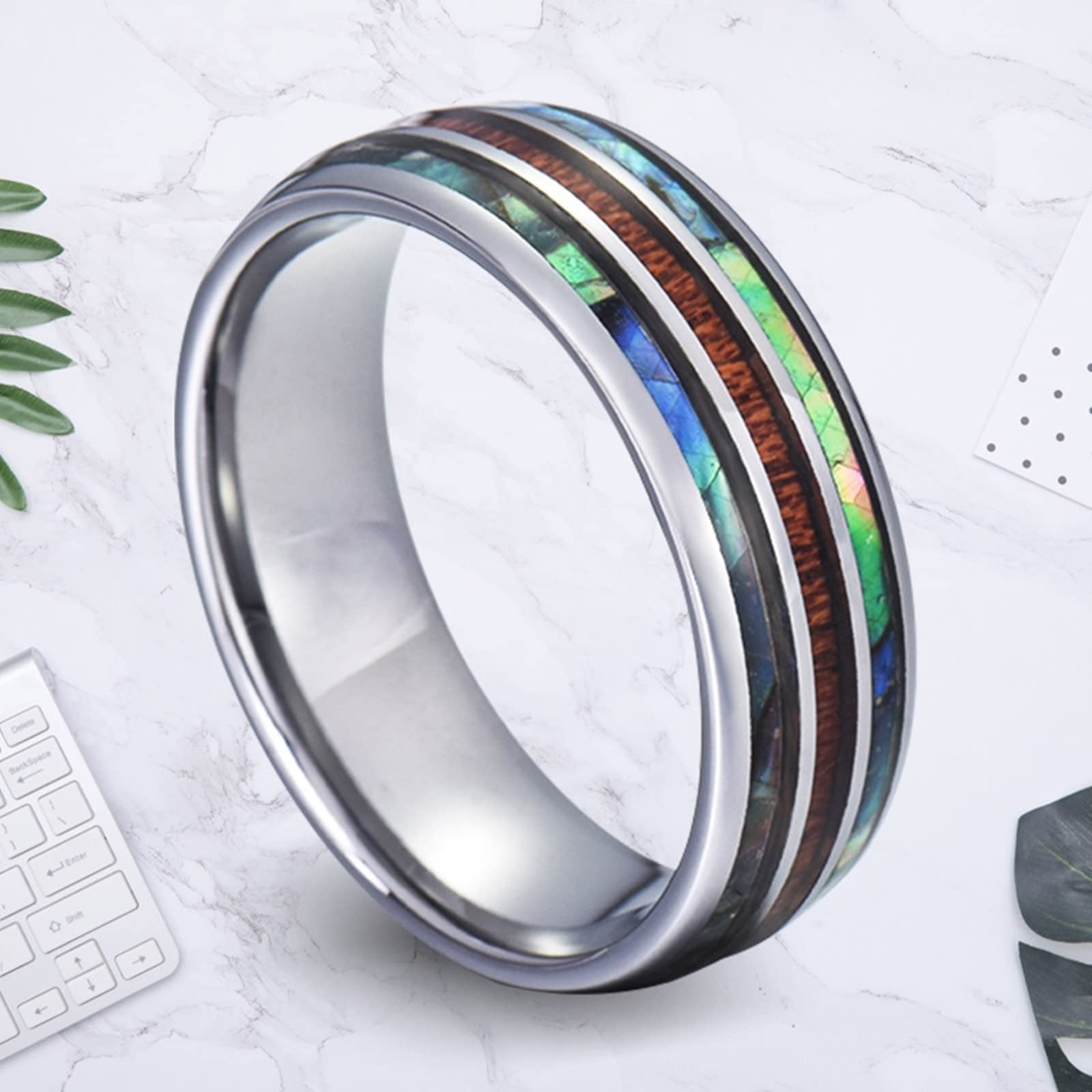 AMDXD 2 Stück Paar Halsketten aus Wolfram, Holz Muschel Gravur I Love You Paar Kette Personalisiert Anhänger Ringe Silber für Frauen Männer, 8MM Breite, Herrenkette 60cm, Damenkette 50cm