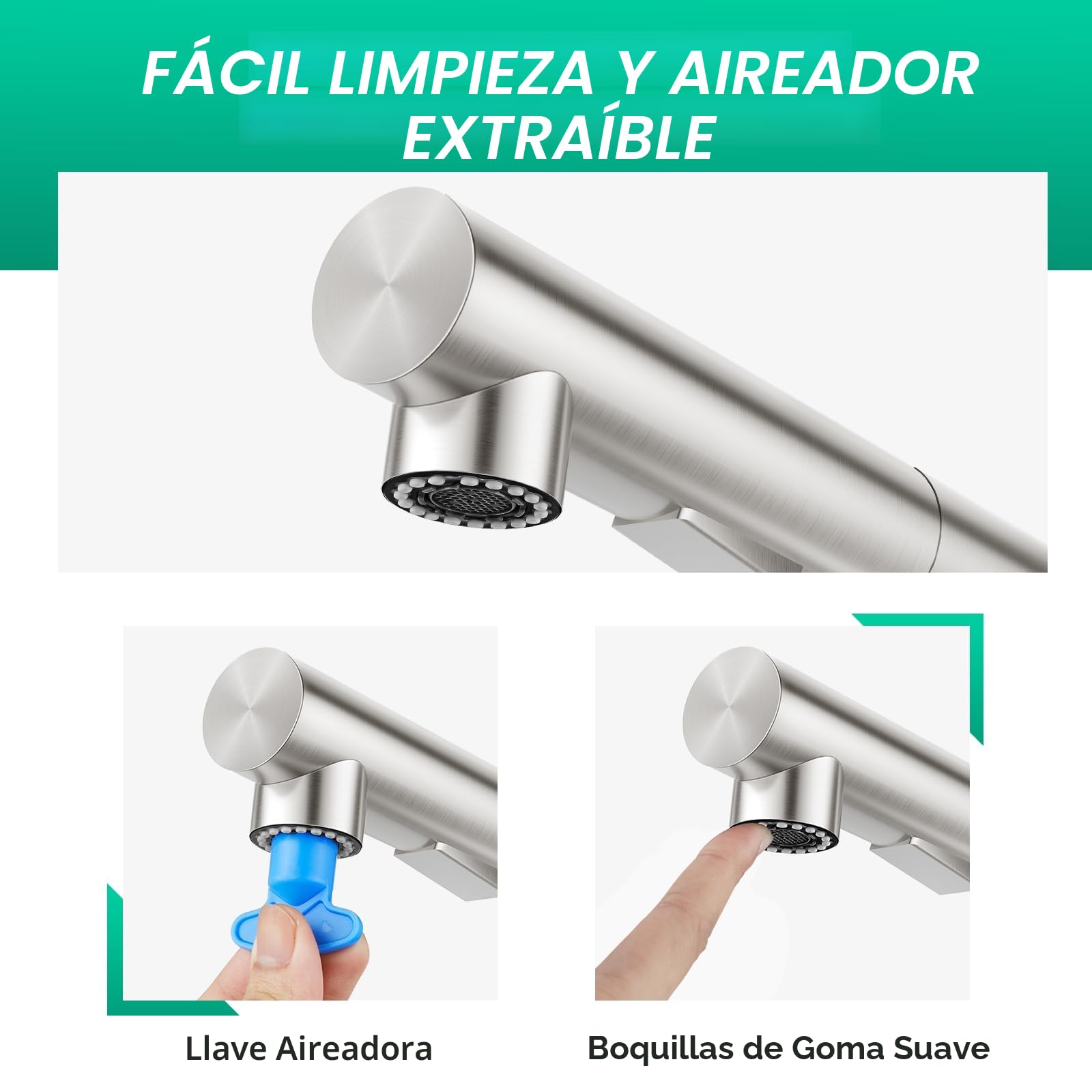 CREA Grifo Cocina para Fregadero con Ducha extraíble, Mezclador Monomando, cepillado