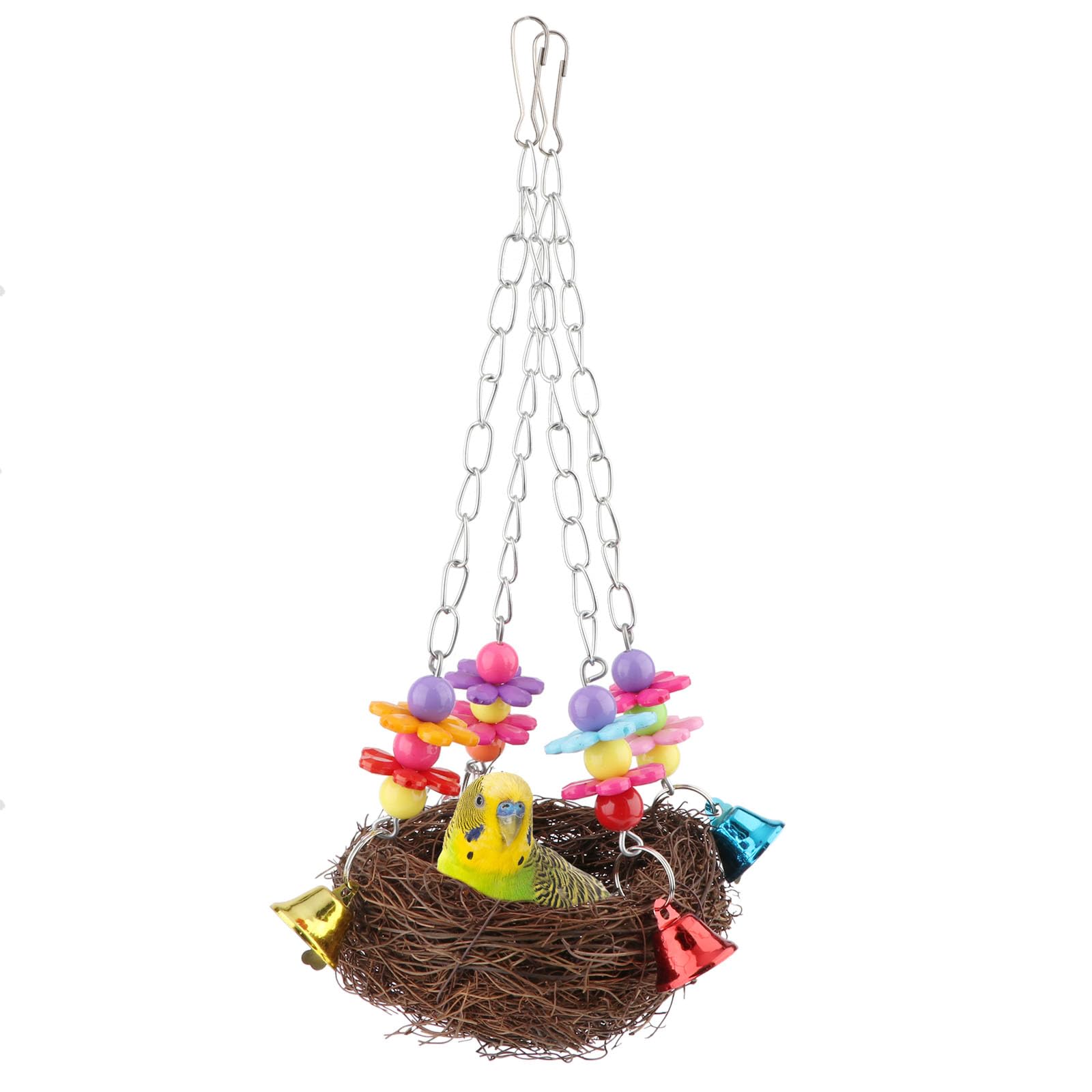 Hypeety Natural Rattan Nest Bird Swing Toy Colorful Flowers Bells for Budgie Parakeet Finch Lovebird Cockatiel (C)