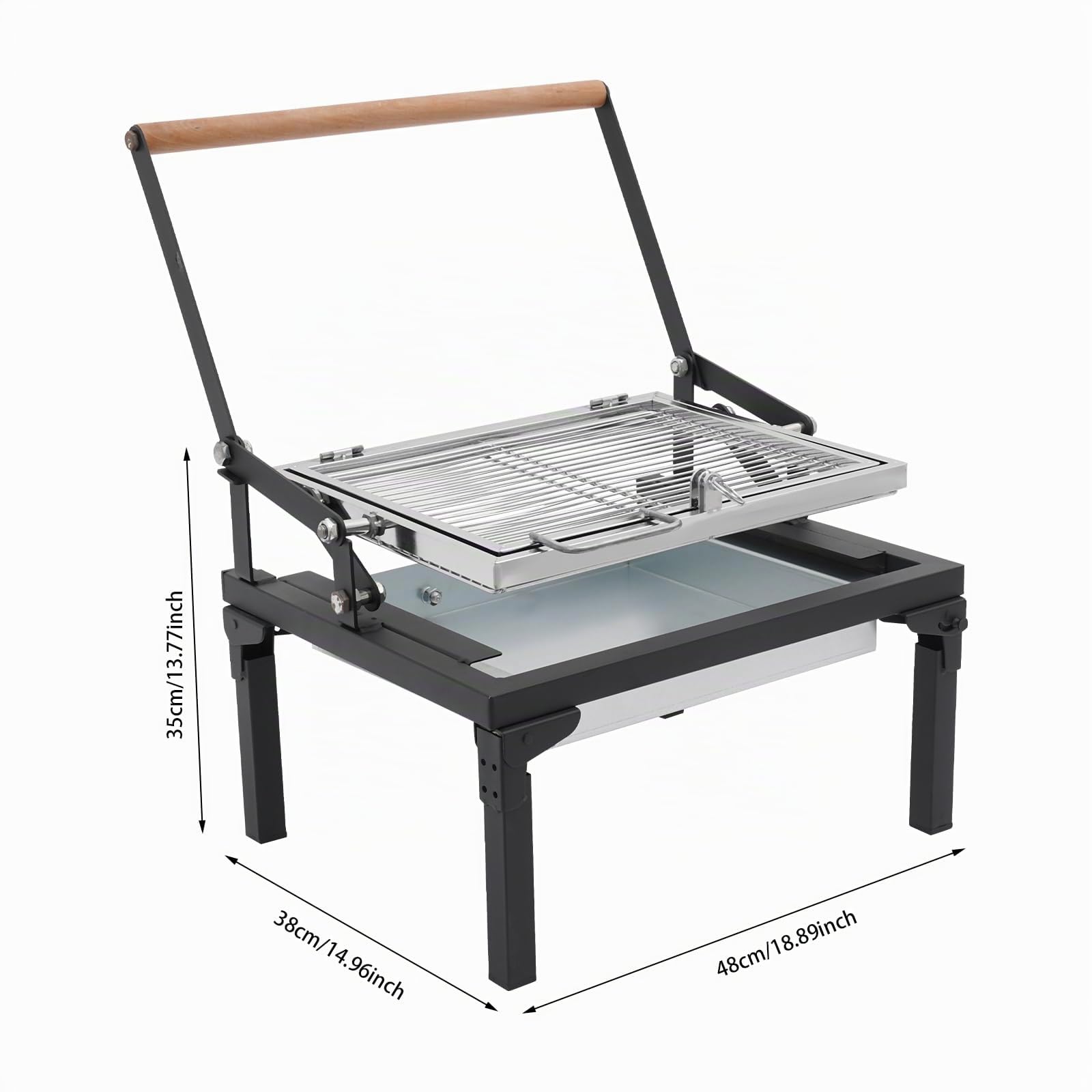 Barbecue pieghevole a carbonella con griglia girevole a 360° e vano cenere, 48 x 38 x 35 cm, in acciaio inox, per 3-4 persone, per esterni, per campeggio, giardino, parco e spiaggia