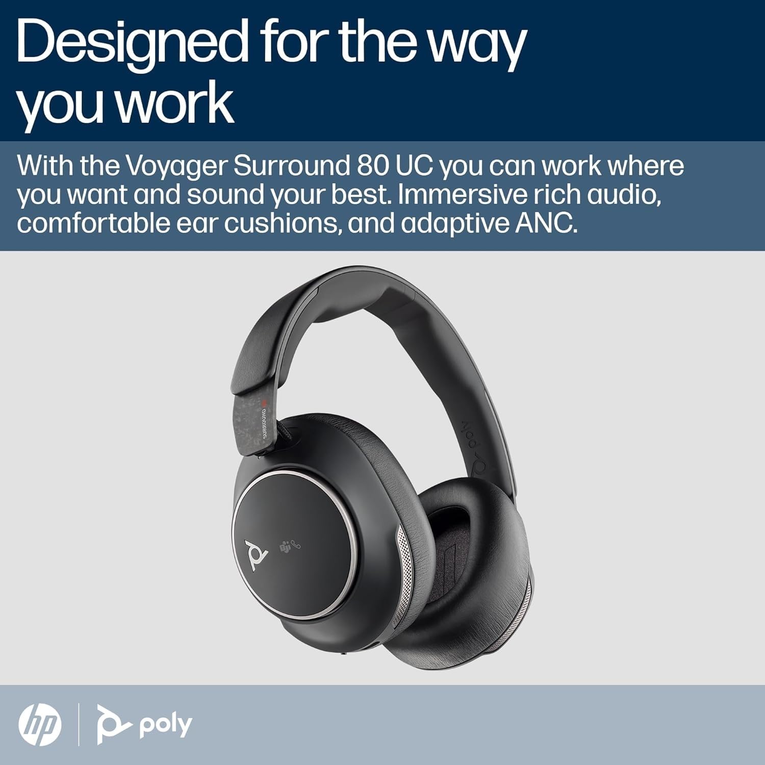 Poly Voyager Surround 80 UC, Cuffia Senza Filo, Connessione Bluetooth 5.3, USB-A e USB-C, Cancellazione Rumore, Cuscinetti in Similpelle, Autonomia 24 Ore, Compatibile con Windows 10 e macOS, Nero