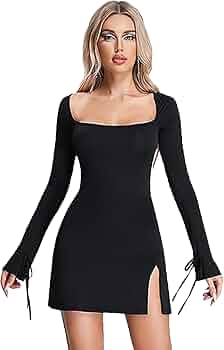 Vestito Donna Nero Sexy Con Scollo Quadrato - Mini Abito Aderente Per Festa - Foto 10