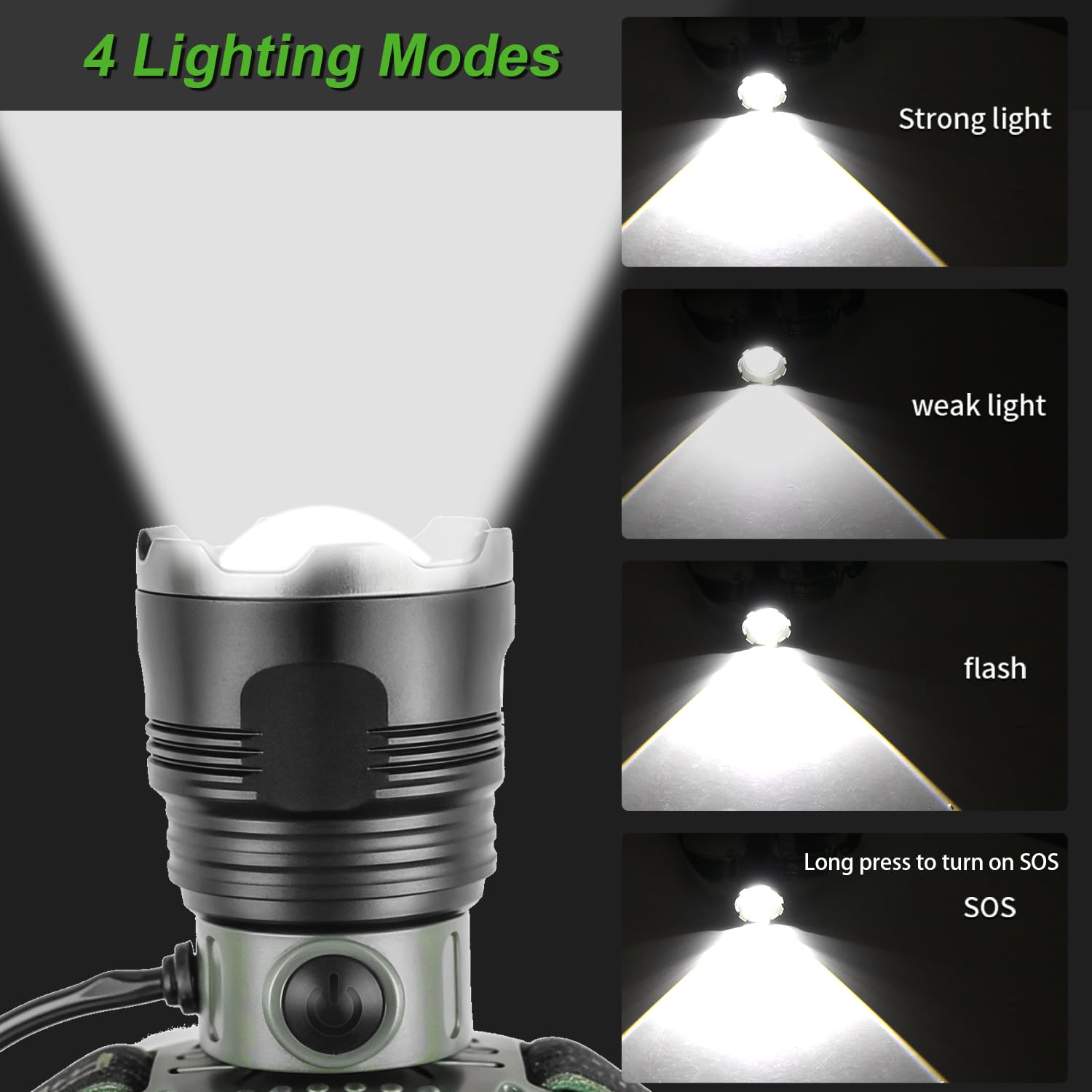 Torcia Frontale LED Ricaricabile 90000 Lumen - 4 Modalit&agrave;, Luce Rossa, Zoom 1500m, Batteria 5000mAh Per Campeggio E Emergenze