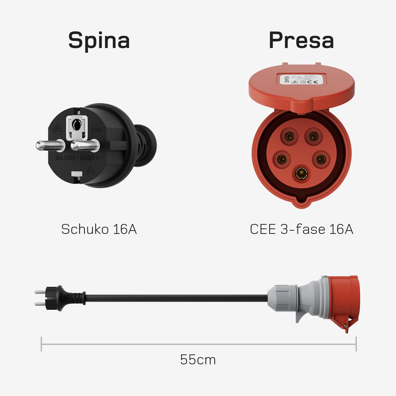 dé Adapter Set CEE 16A 5-Pole per 11kW Caricatore EV/Stazione di Ricarica a CEE Rosso 32A / CEE Blu 16A / Presa Domestica 230V con Cavo in Gomma 0,5m H07RN-F 3G2.5mm² IP44 per Uso Esterno