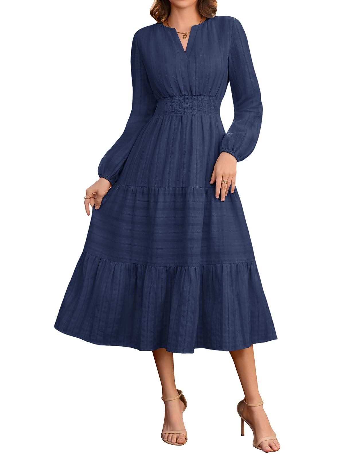 Damen Kleid Langarm V-Ausschnitt Herbst