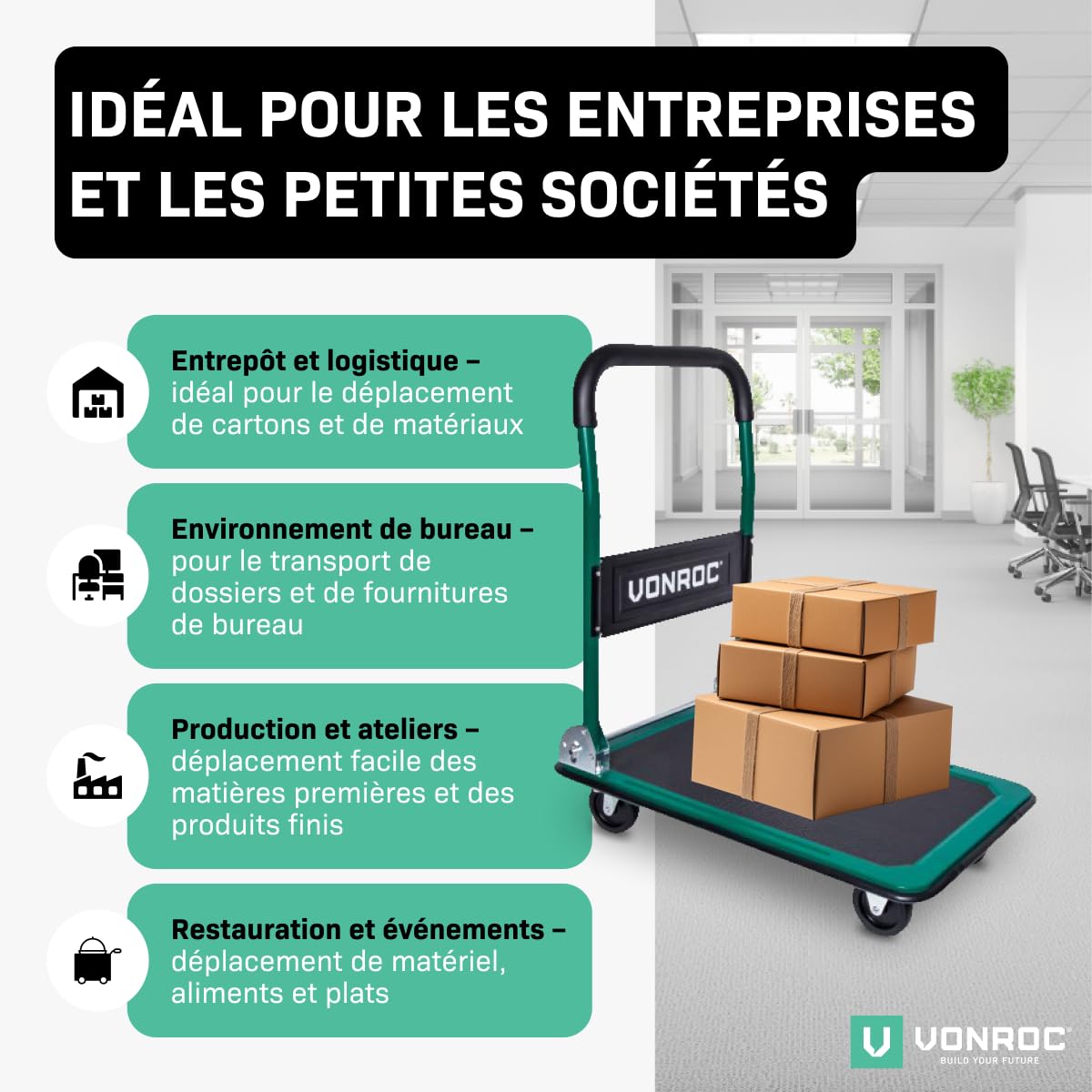 VONROC Chariot Plateforme Pliable 150 kg – Plateau Antidérapant 47 x 73 cm – 2 Roues Pivotantes 360° – Poignées Softgrip – Chariot de Transport pour Atelier, Déménagement et Usage Professionnel
