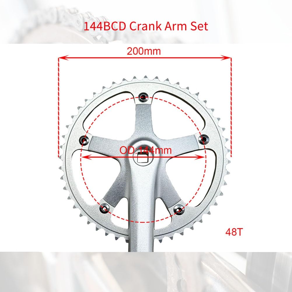 Zestaw korby czworokątnej 165 mm do rowerów wyścigowych/składanych, 48 zębów, zębatka 144, pojedyncza prędkość, okrągłe ramiona korby (lewo/prawo), kompatybilny z napędami 9-, 10- i 11-rzędowymi, stop