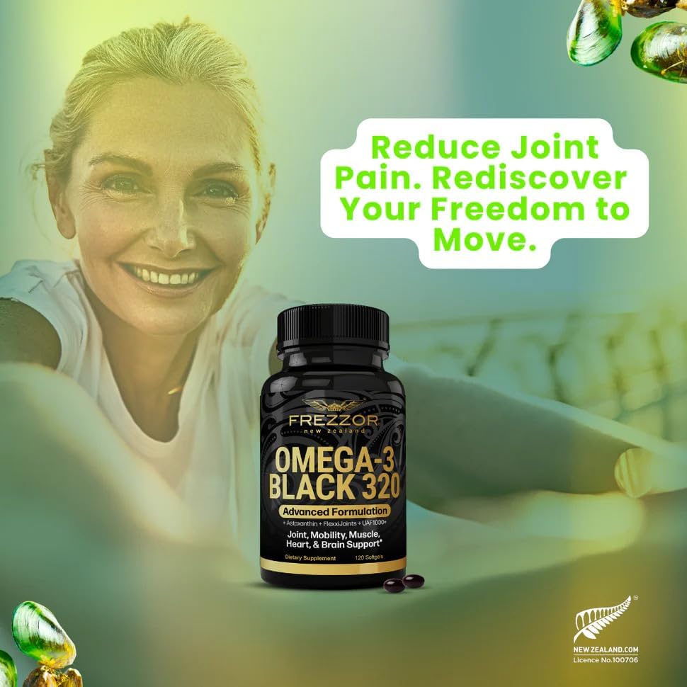 FREZZOR Omega 3 Black - Green Lipped Mussel Oil Capsules, Made in New Zealand, UAF1000+, Joint Care & Relief, Heart & Immune Support, No Fishy Aftertaste, 320 Count (Pack of 1) - Image 5