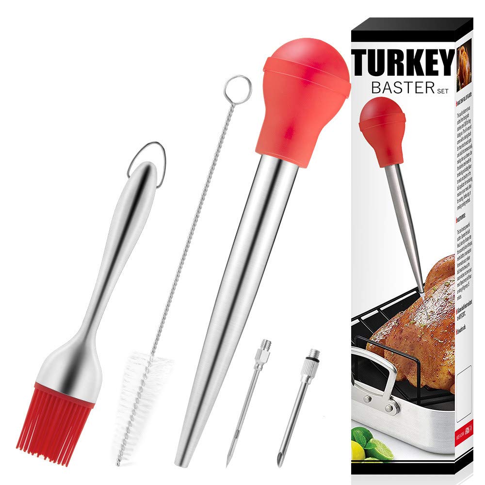 Turkey Baster Set Meat Baster Silicone Brush Head, Basting Brush, Cleaning brush, Two Needles for Flavor, Gift for Thanksgiving and Christmas