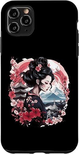 iPhone 11 Pro Max Geisha japonesa con Monte Fuji y Pagoda Cherry Blossom Case