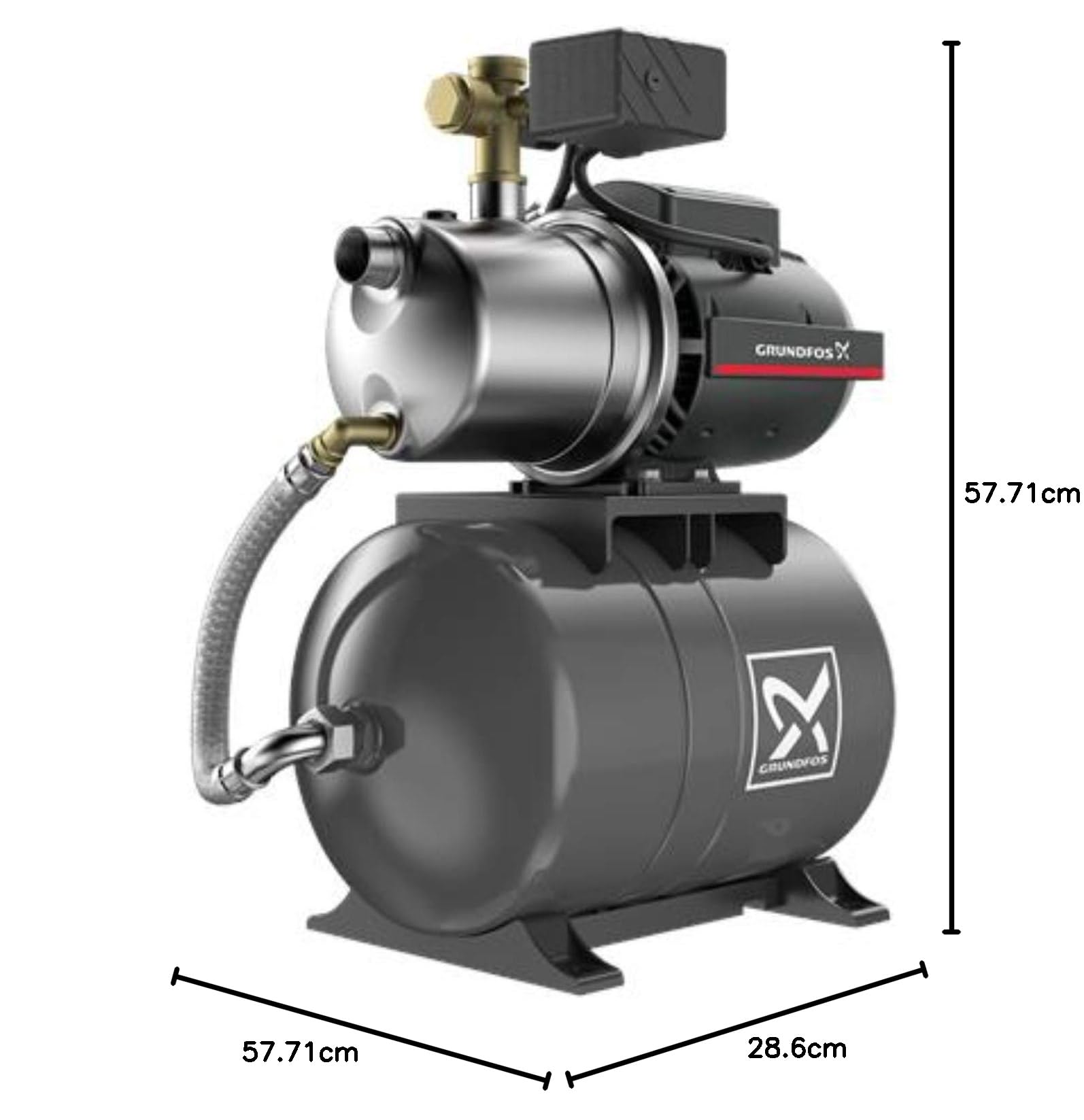 Pompa centrifuga monostadio JP 4-54 PT H BBVP, 1 x 230 V 50 Hz 1,5 M, doppia uscita, serbatoio a pressione orizzontale, in acciaio inox, 49,5 x 28,6 x 57,7 centimetri, colore grigio (riferimento: