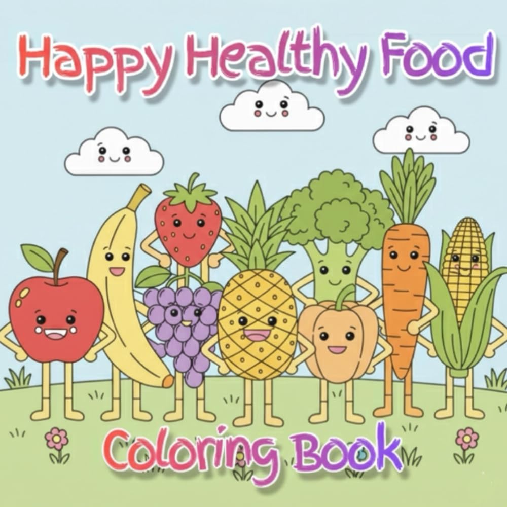 Happy Healthy Food Coloring Book: Fun and Simple Coloring Pages That Help Kids Learn to Love Healthy Food For Toddlers and Preschoolers Ages 3–6 (For kids)