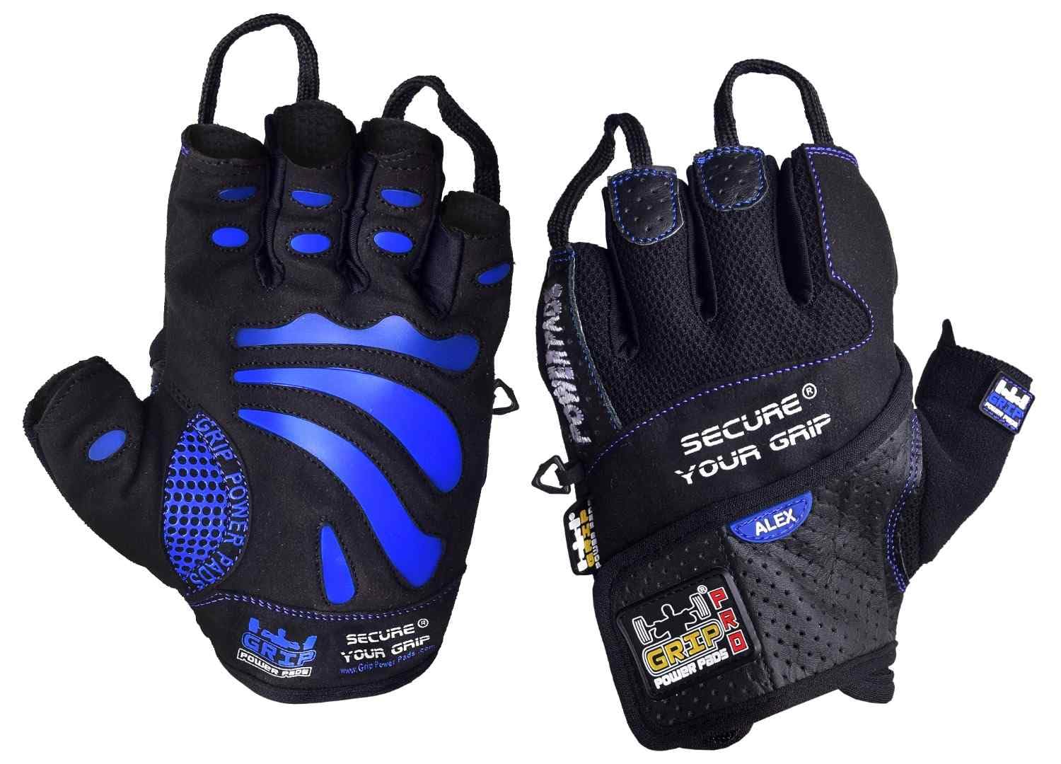 Grip Power Pads Gym Gloves for Men - Blue Line Alex - Protect Your Hands & Improve Your Grip - Weightlifting Gloves - Easy to Pull On & Off