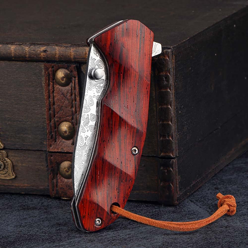 Klappmesser 6.9" Damast Taschenmesser Klein aus damaststahl, Sandelholz, Damaszener edelstahl, EDC Outdoor Messer, Survival Jagdmesser Scharfe Einhandmesser,Damascus neck knife tanto mit leder holster