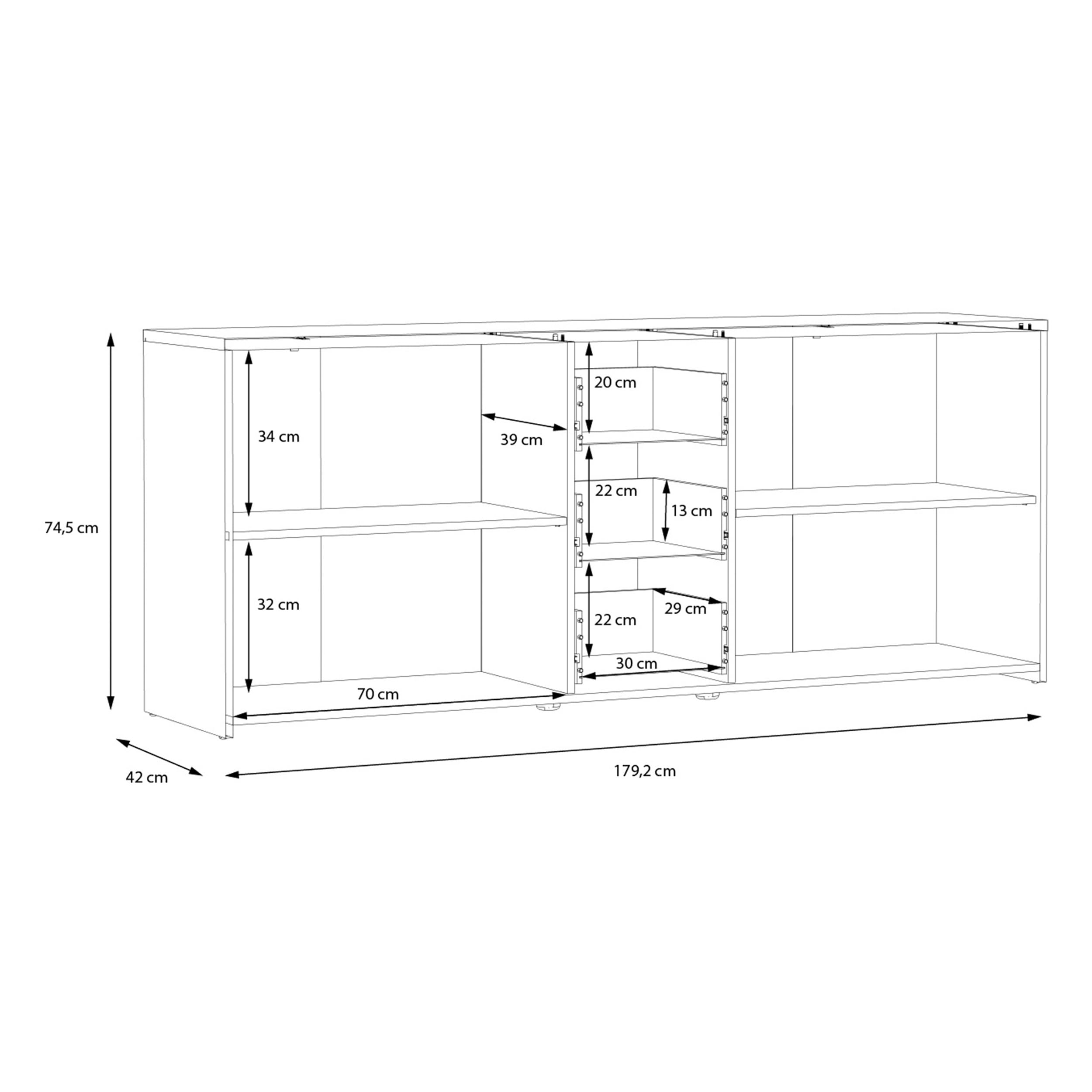 Forte PILVI Sideboard 180, modernes Sideboard mit 4 Türen und 4 Schubladen, Wohn-/Schlafzimmer, Holzwerkstoff, Artisan Eiche Holzdekor mit Schwarz, 179 cm breit x 74,1 cm hoch x 42 cm tief