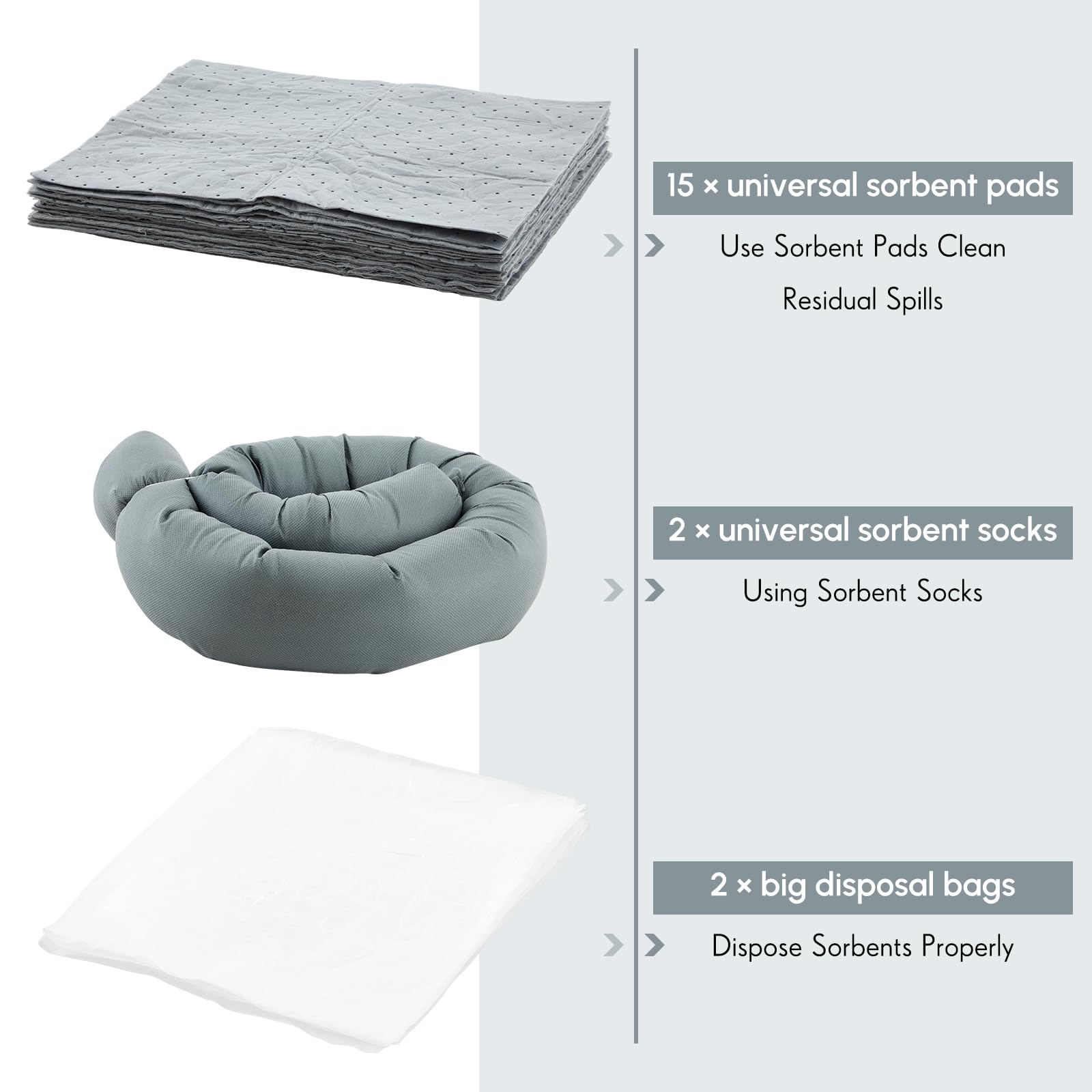 DoubleFill Kit de derrames universal de 19 piezas, kit completo portátil de derrames, absorbe productos químicos, aceites, agua y más, 15 almohadillas absorbentes, 2 calcetines absorbentes de 3