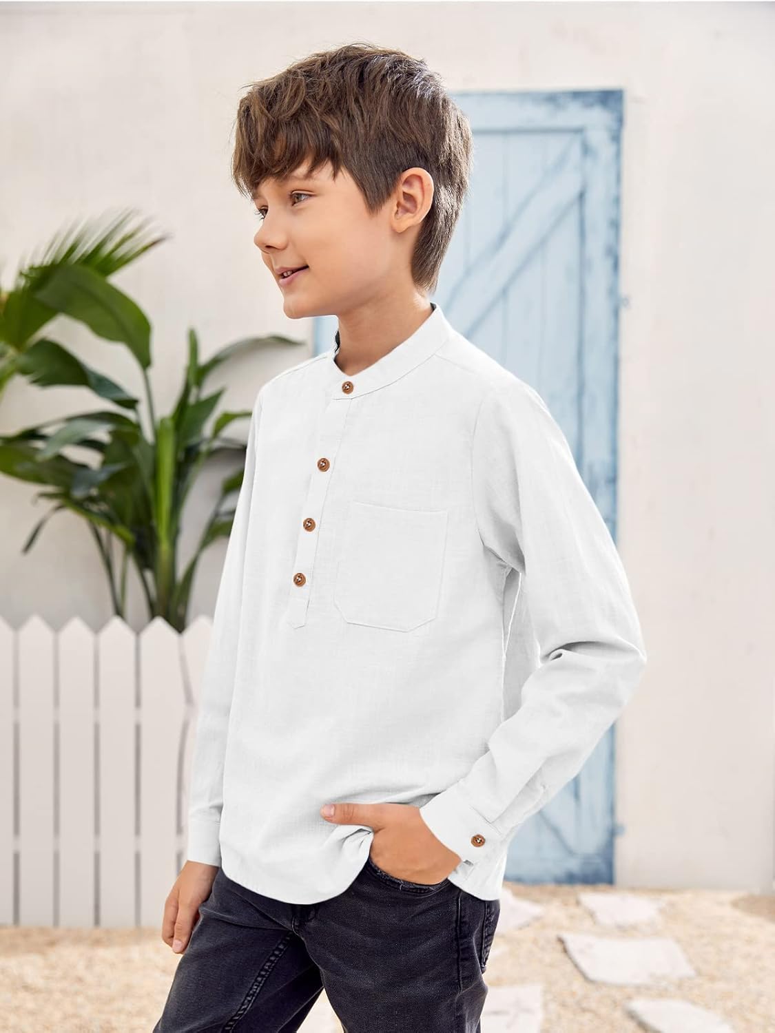 Inorin Boys Linen Shirt Button Up Henley Long Sleeve Dress Shirts Cotton Lightweight Tees Tops with One Pocket - Image 3