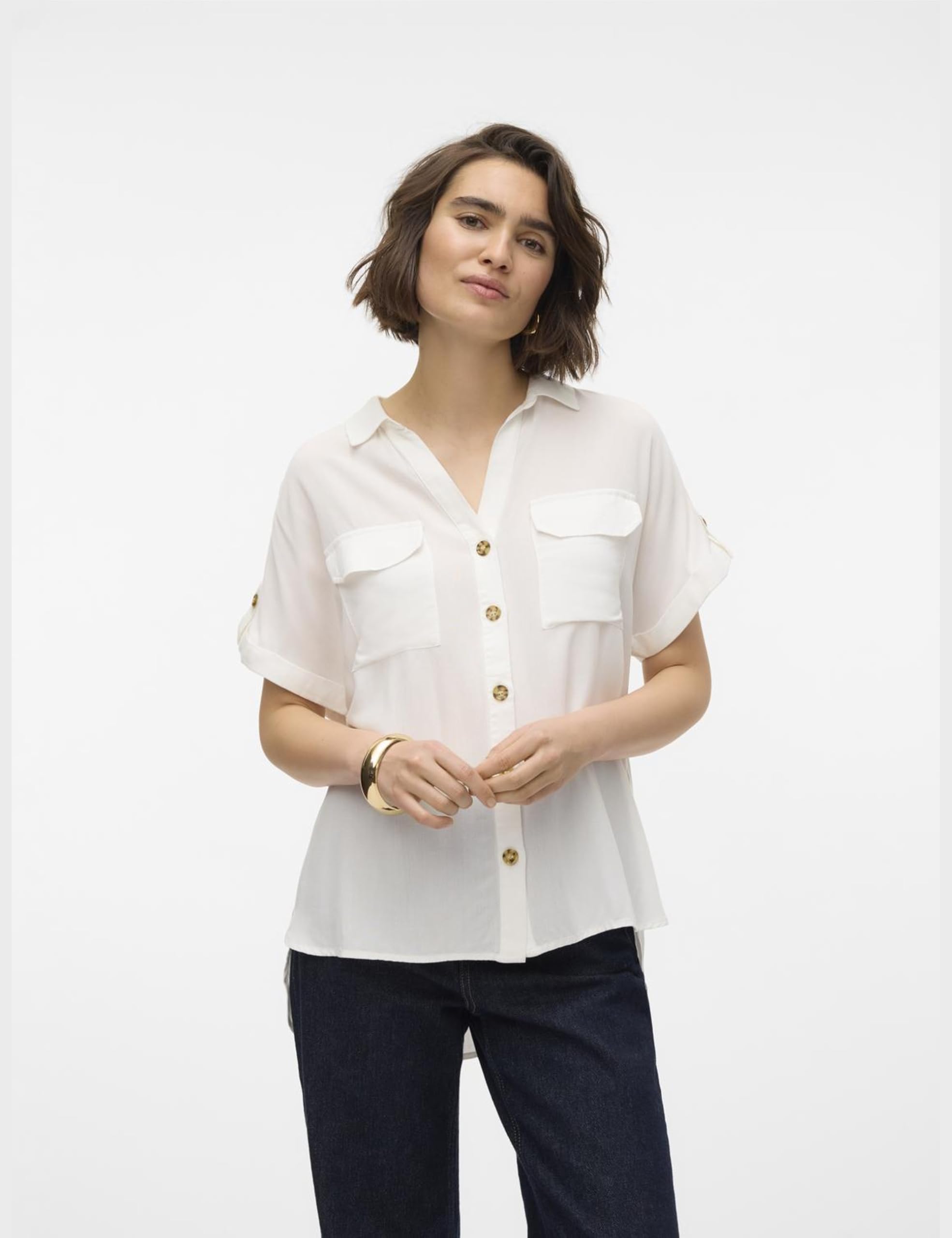 Camisa de Mujer de Manga Corta a Rayas con Bolsillos en el Pecho y Botones