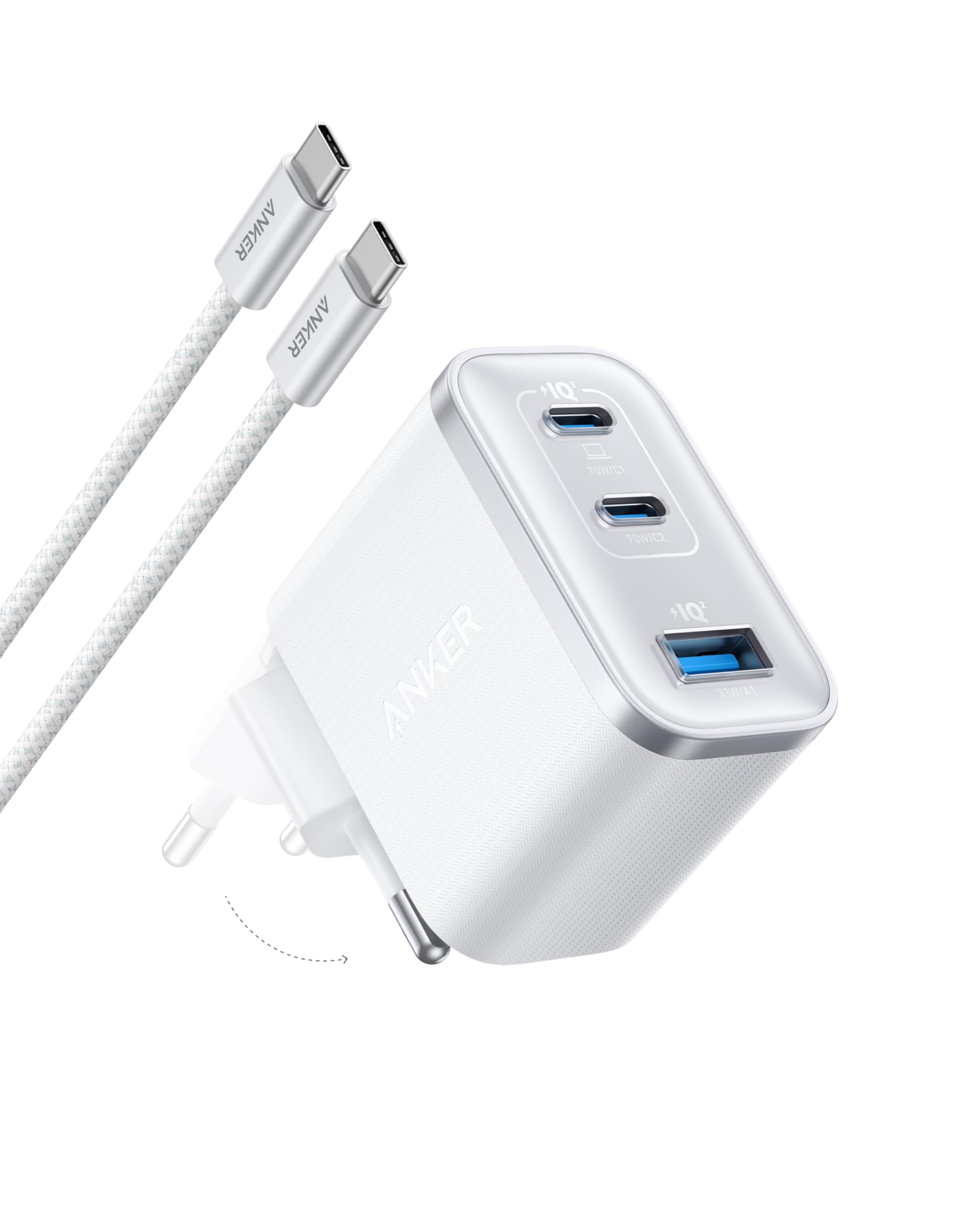 Anker Chargeur USB C 70W Nano 3 Ports, Recharge Rapide Ordinateur Portable avec Sortie UltraFast, Compact et Élégant, pour iPhone 17 16 15, MacBook Air, iPad, Pixel, Galaxy, et Autres (Câble Inclus)