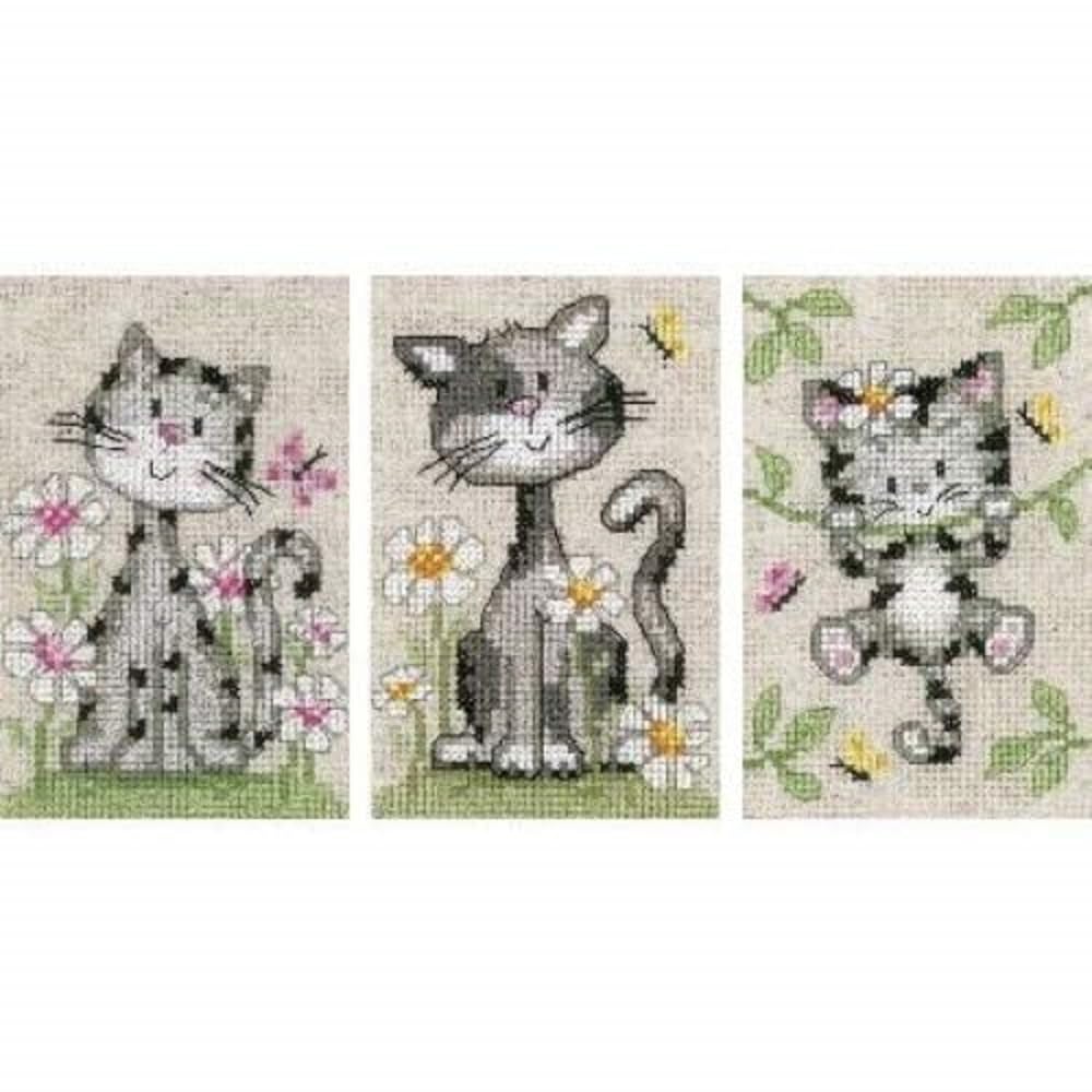 Vervaco Miniature counted cross stitch kit Cats and flowers kit of 3, DIY