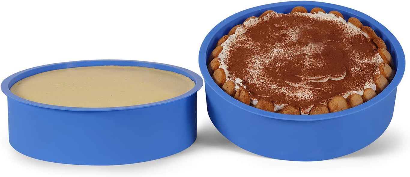 A Baker and Cook 2 Piece Round Professional BPA Free Silicone 10 Inch Cake Mold Baking Pan Set, Includes 2 Laminated Greaseproof Cardboard Cake Circles