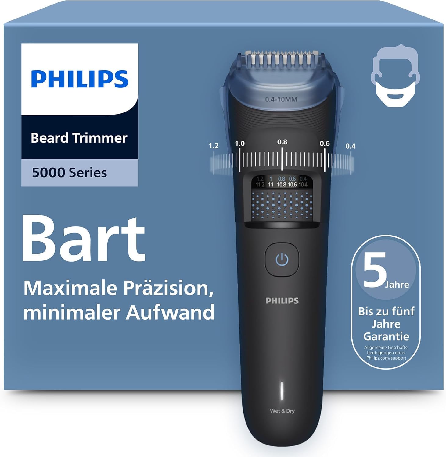 Philips Beard Trimmer 5000 Series - Self Sharpening Metal Blades, 40 Length Settings, BeardSense Technology, Hair Collector, 100% Waterproof, Travel Case, Model BT5765/15 BT5000, 40 length settings, hair collector