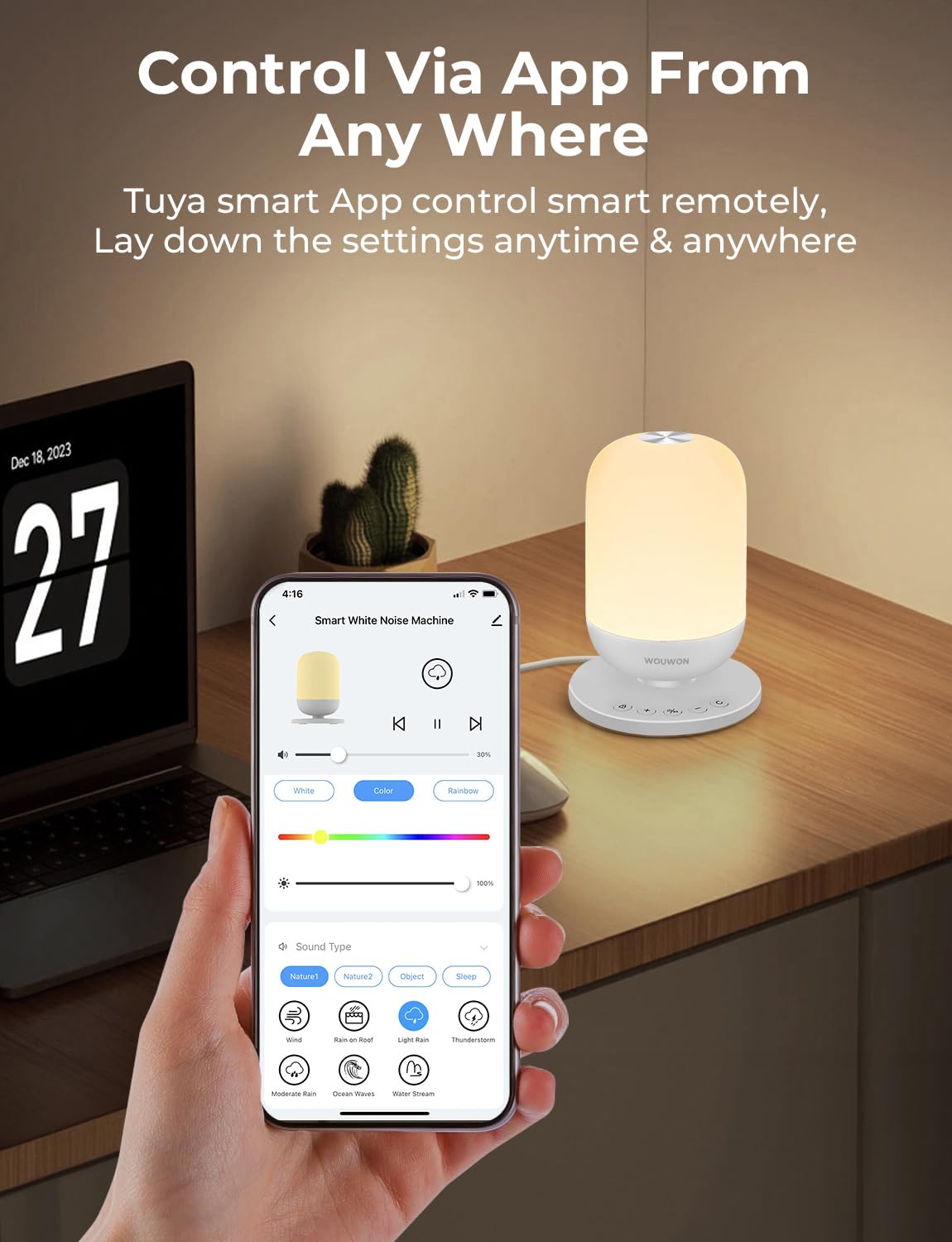 Intelligent Machine à bruit blanc pour sommeil de bébé et adulte avec 34 sons apaisants, Veilleuse douce pour l'alimentation, Réveil programmes et minuterie, Contrôle Tuya Smart APP