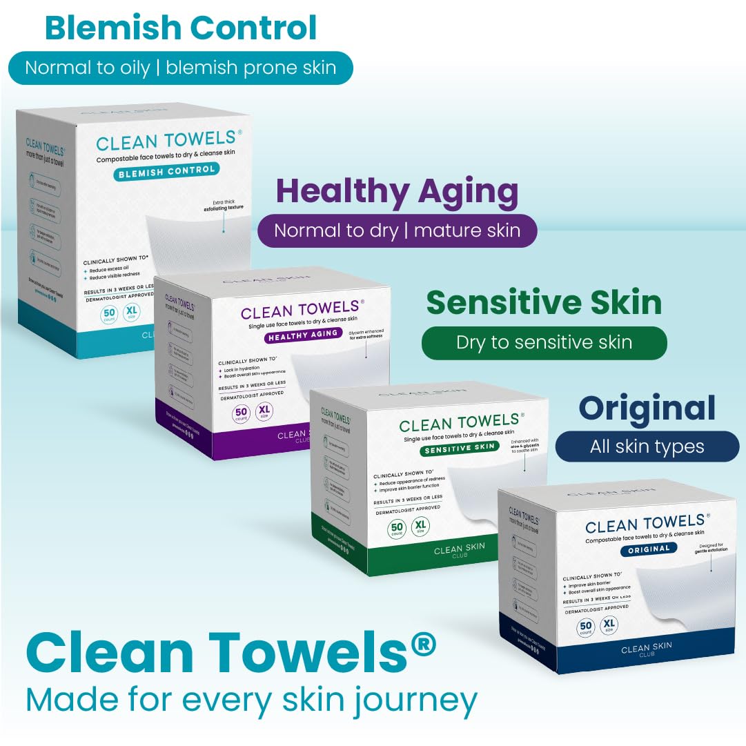 Clean Skin Club Blemish Control Clean Towels® XL, Compostable Face Towels, Light Exfoliation for Oily Skin, Eczema Association Accepted Disposable Face Towelette, Makeup Remover Dry Wipes, 50 count - Image 10
