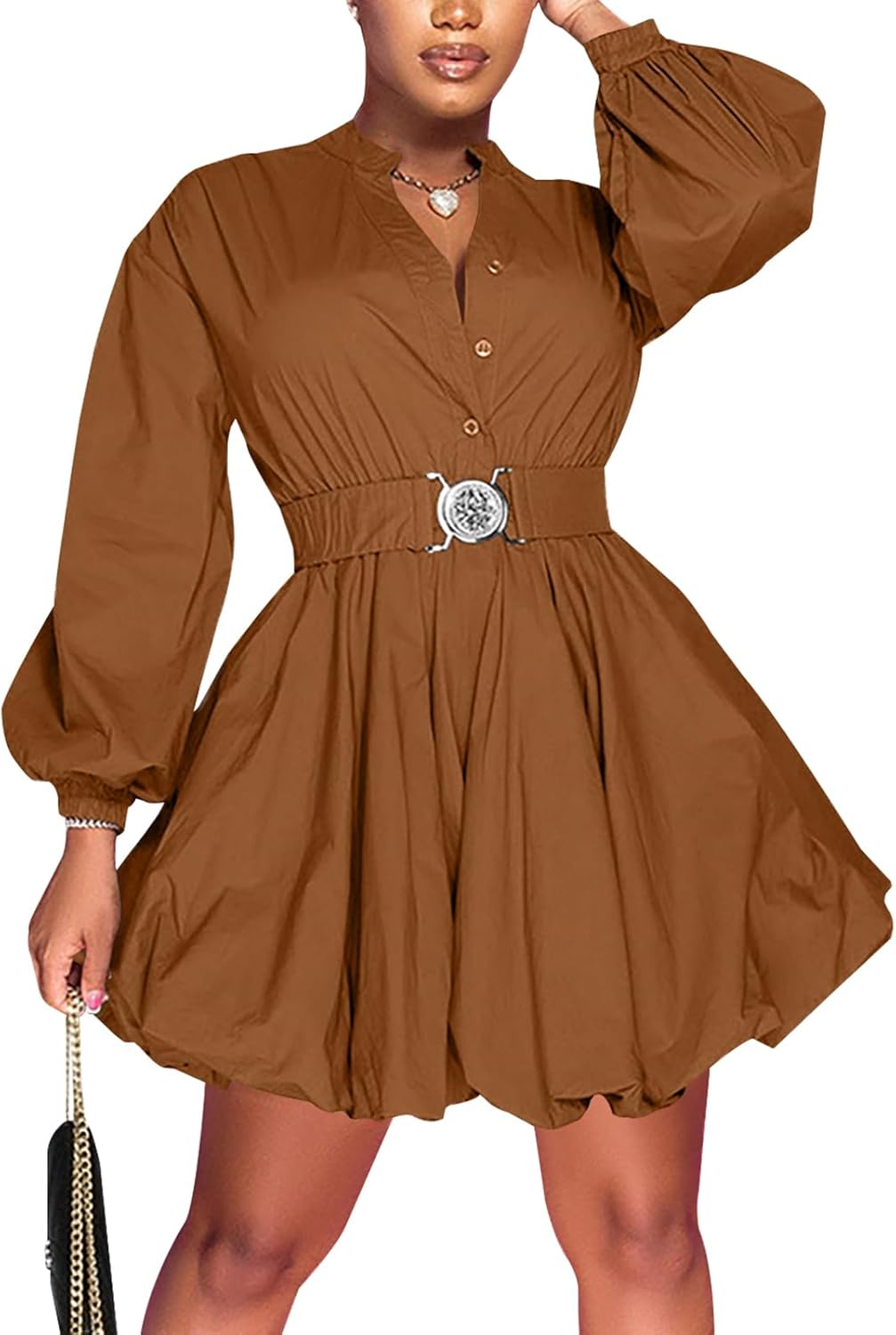 Uni Clau Womens Button Down Shirt Dress Long Sleeve A-Line Casual Puffy Short Mini Dress with Belt