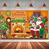 Merry Christmas Backdrop Xmas Black Santa Claus Background Decoration for Photography Fireplace Wall Hanging Banner Photo Booth Prop for Winter Home New Year Holiday Party Favor Supplies