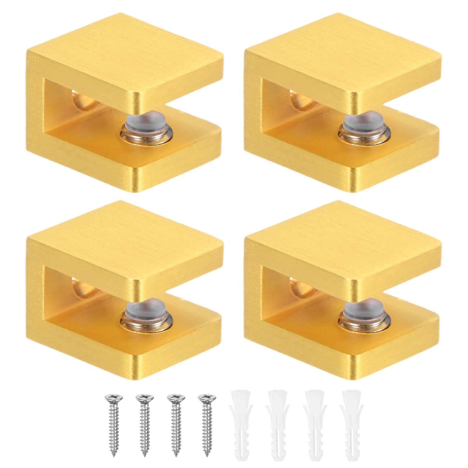 M METERXITY 4-Pack Glass Shelf Brackets, Adjustable No-Drill Brass Clamp for 5-8mm Thick Glass, Holder Bracket Support Fixed Panel U-Clamp [Gold Tone]