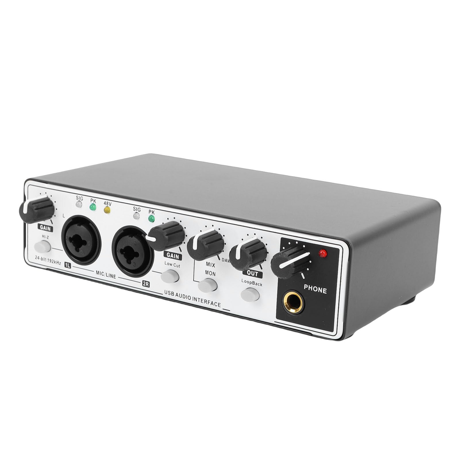 Bewinner Interfaz de Sonido USB Tipo C, Entrada XLR de 24 Bits y 192 KHz con Alimentación de 48 V para Grabación, Transmisión, Podcasting, Estudio, Interfaz de Mezclador de Audio (blanco negro)