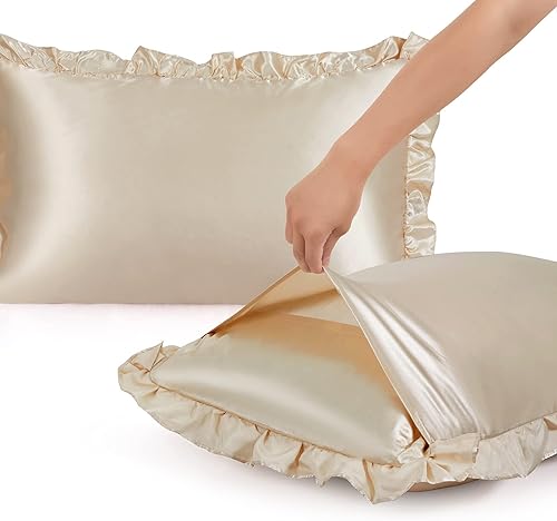 Miniatura 5 de SiinvdaBZX Juego de 2 fundas de almohada de satén con volantes fundas de almohada color beige tamaño estándar fundas de almohada Shabby Chic con