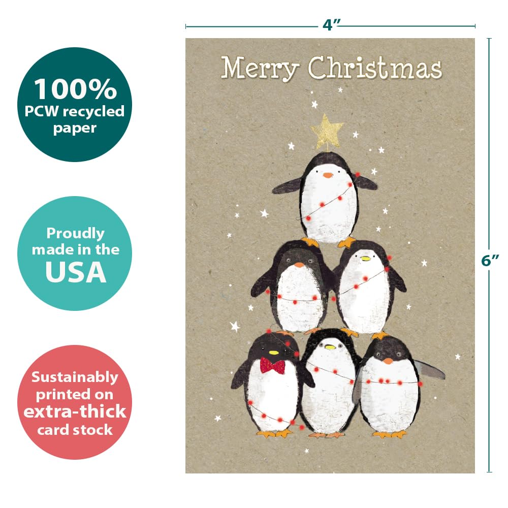 Tree-Free Greetings - Season's Greeting Card - Artful Designs - 1 Card + Matching Envelopes - Made in USA - 100% Recycled Paper - 5"x7" - Penguin Pile (FS93532) - Image 4