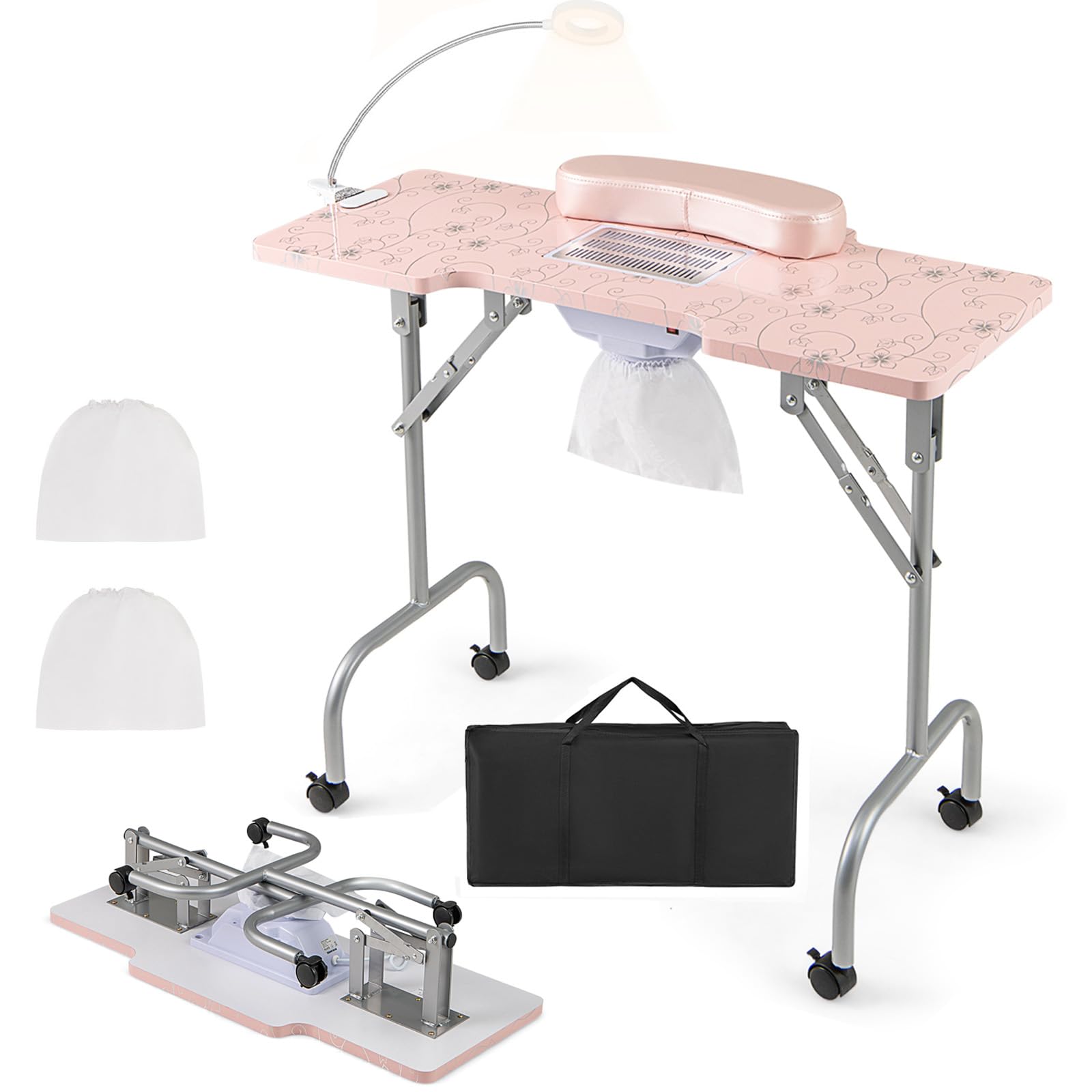 Giantex Foldable Nail Desk - Manicure Table with Built-in Dust Collector Fan, Adjustable LED Lamp, Client Wrist Pad, 4 Lockable Wheels, Portable Nail Tech Desk with Carrying Case (Light Pink)