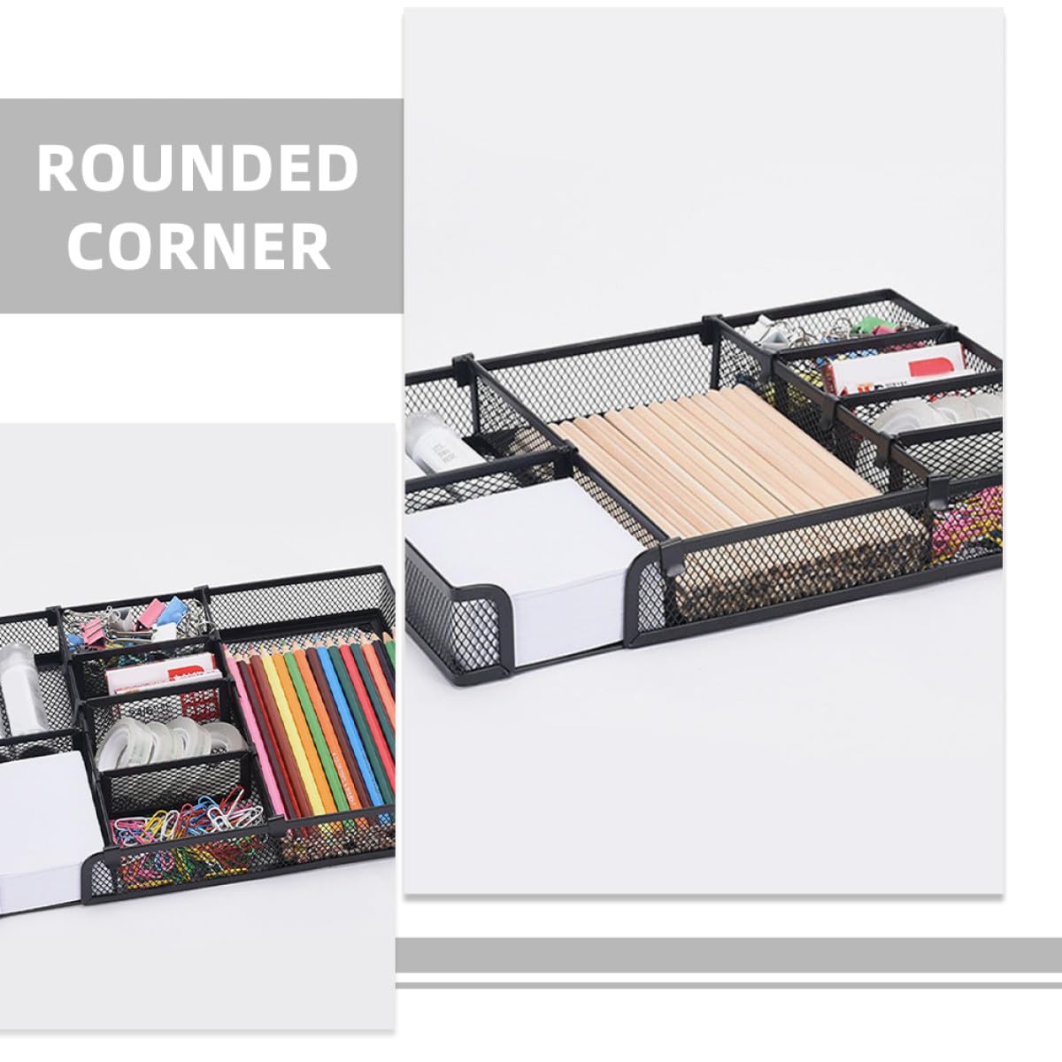 Healeved Organizador de Escritorio de Metal Negro DIY Bandeja de Malla Portalápices Metálico y Compartimentos para Cajones Adecuado para Oficina y Material de Oficina Organizadores de