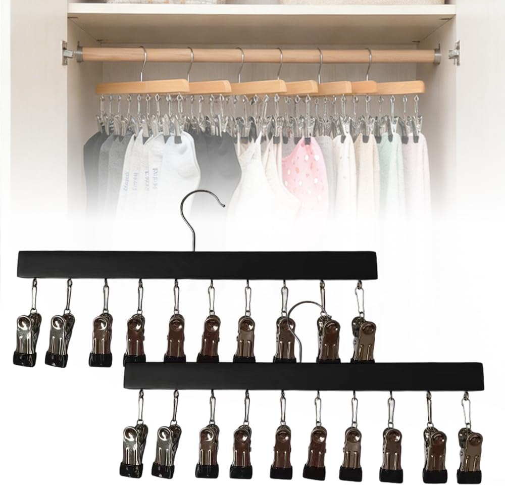 2 PCS Leggings Organizer for Closet Hanging, Space Saving Hanging Closet Organizer with 10 Clips, 360° Swivel Multi-Hook Wardrobe Organizer, Yoga Pants Hangers with Clips (Black)