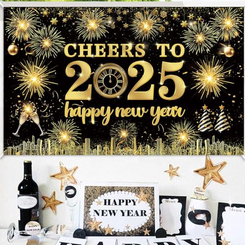 Famoby Gold Happy New Year Hanging Banner Porch Sign With Fabric Sign Poster Background Photo Booth Backdrop For New Year Party Decorations thumb #4