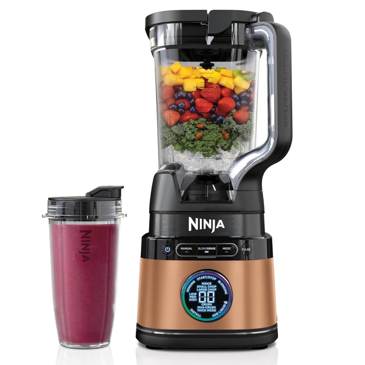 Ninja 2-in-1 Detect Power Mixer Pro & Single Serve, 1200W Mixer mit Krug, & Single Serve Tassen, Smoothies mixen, Gemüse hacken & Frozen Drinks mixen, Schwarz & Kupfer, TB301EU